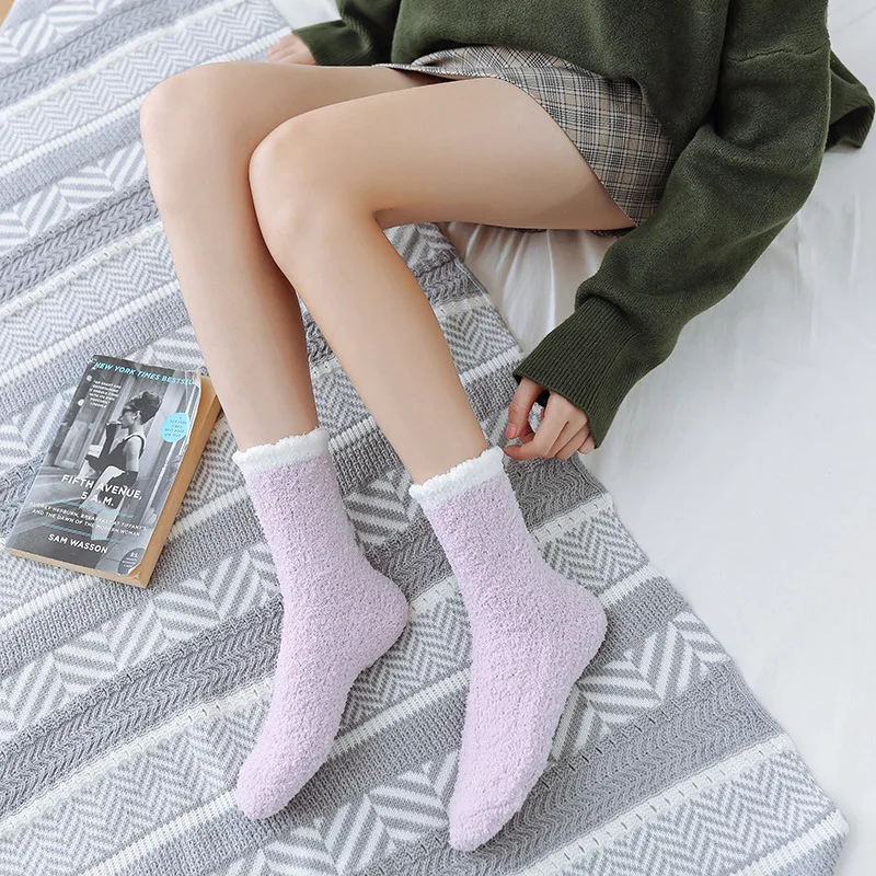 Wholesale Cozy Coral Fleece Fluffy Sleeping Socks Women Winter Folded Cuff Thick Warm Plush Fuzzy Socks