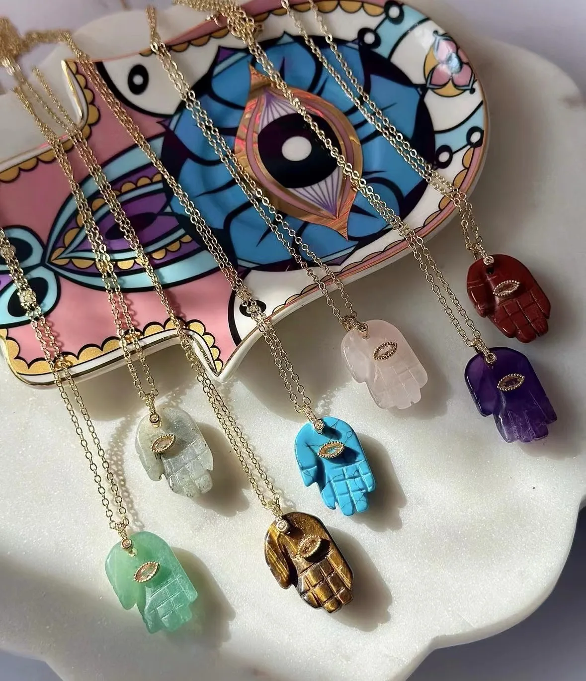 Colorful Natural Stone Hand Pendant Necklace  Lucky Eyes Hand Shaped Necklace Gold Plated Chain Necklace  Women Fashion Jewelry