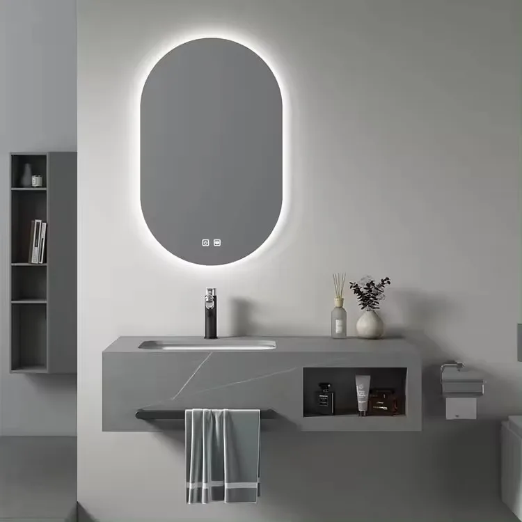 Wholesale For Hotel Project Bathroom Furniture With Led Mirror Rock Slab Wall Mounting Vanity Cabinet Set