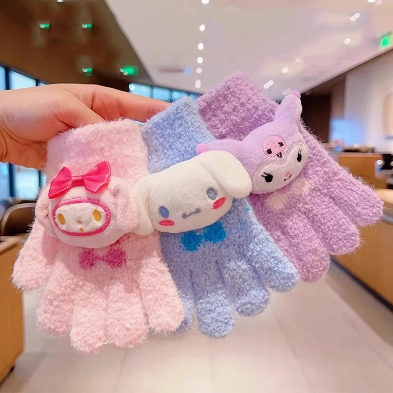 Botu kawaii Sanrioed cinnamon Children Gloves Cute Kulomi Melody  Children Thicken Warm winter Glove Student Five-finger Glove