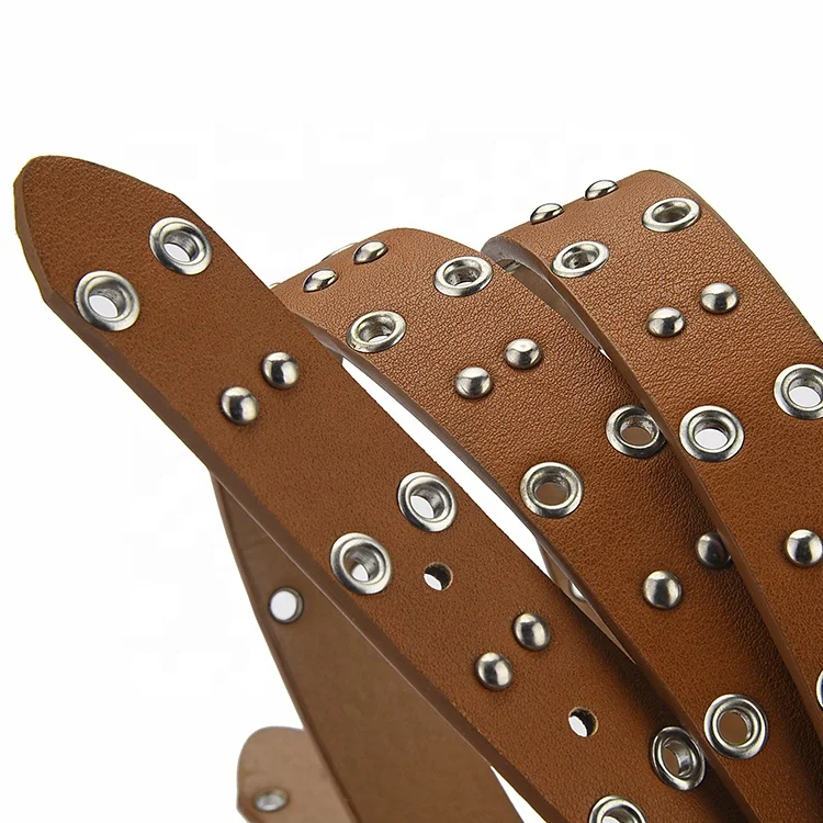 Factory OEM Double Grommet PU Leather Punk Rock Jeans Metal Men Belt Brown Fashion Belts for Ladies Leather Belt Women