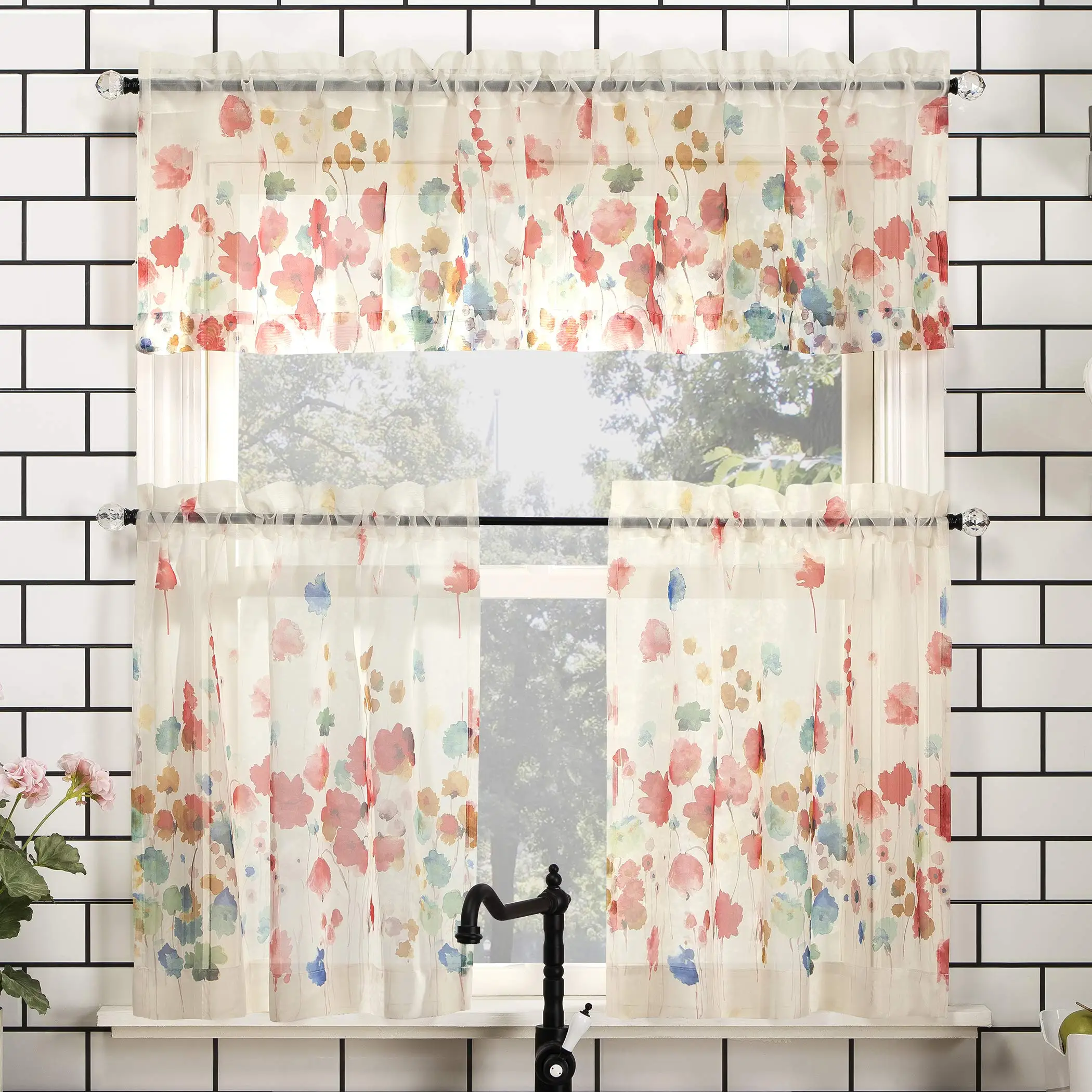 Dandelion Floral Botanical Pattern Semi Sheer 3 Pieces Rod Pocket Kitchen Window Curtain Sets With 2 Tiers