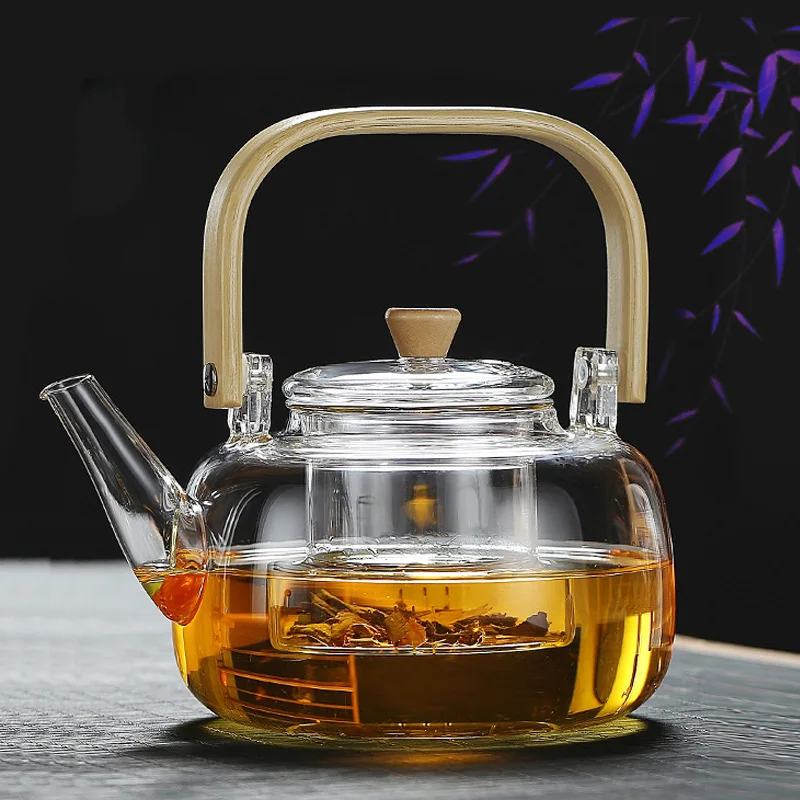 1000ML/33.5OZ Stovetop Glass Teapot With Bamboo Wooden Handle And Glass Infuser Strainer For Loose Tea