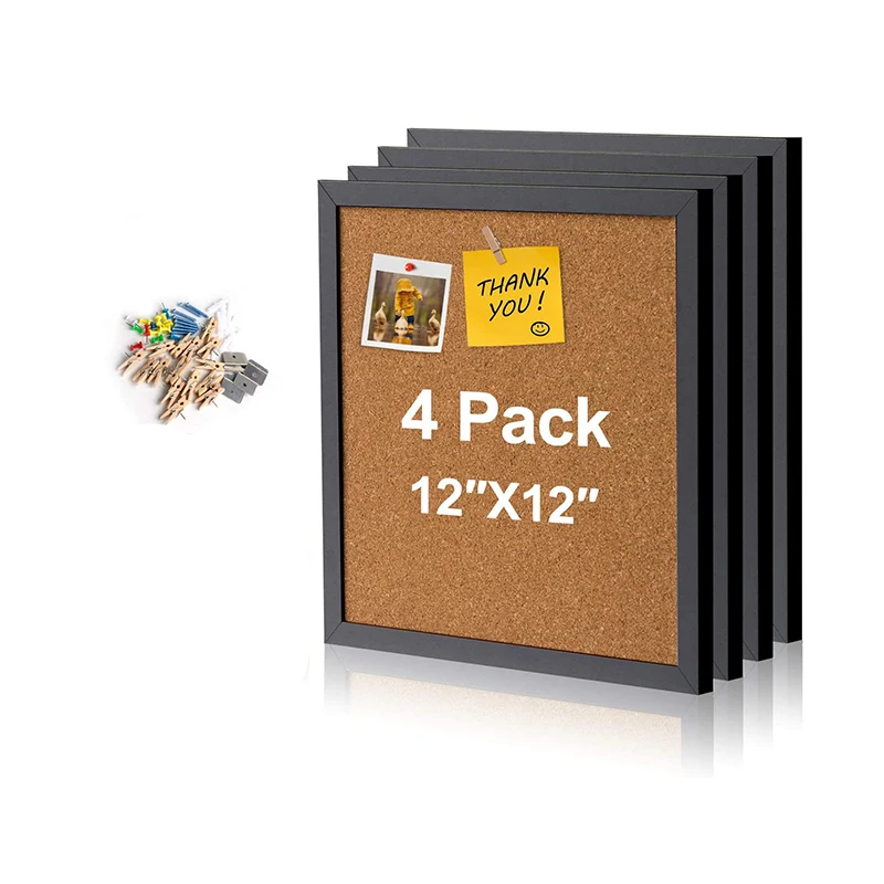 
School Home Office 12x12 Black Framed Cork Board 4 Pack Small Square Pin Board Cork Bulletin Board for Wall 