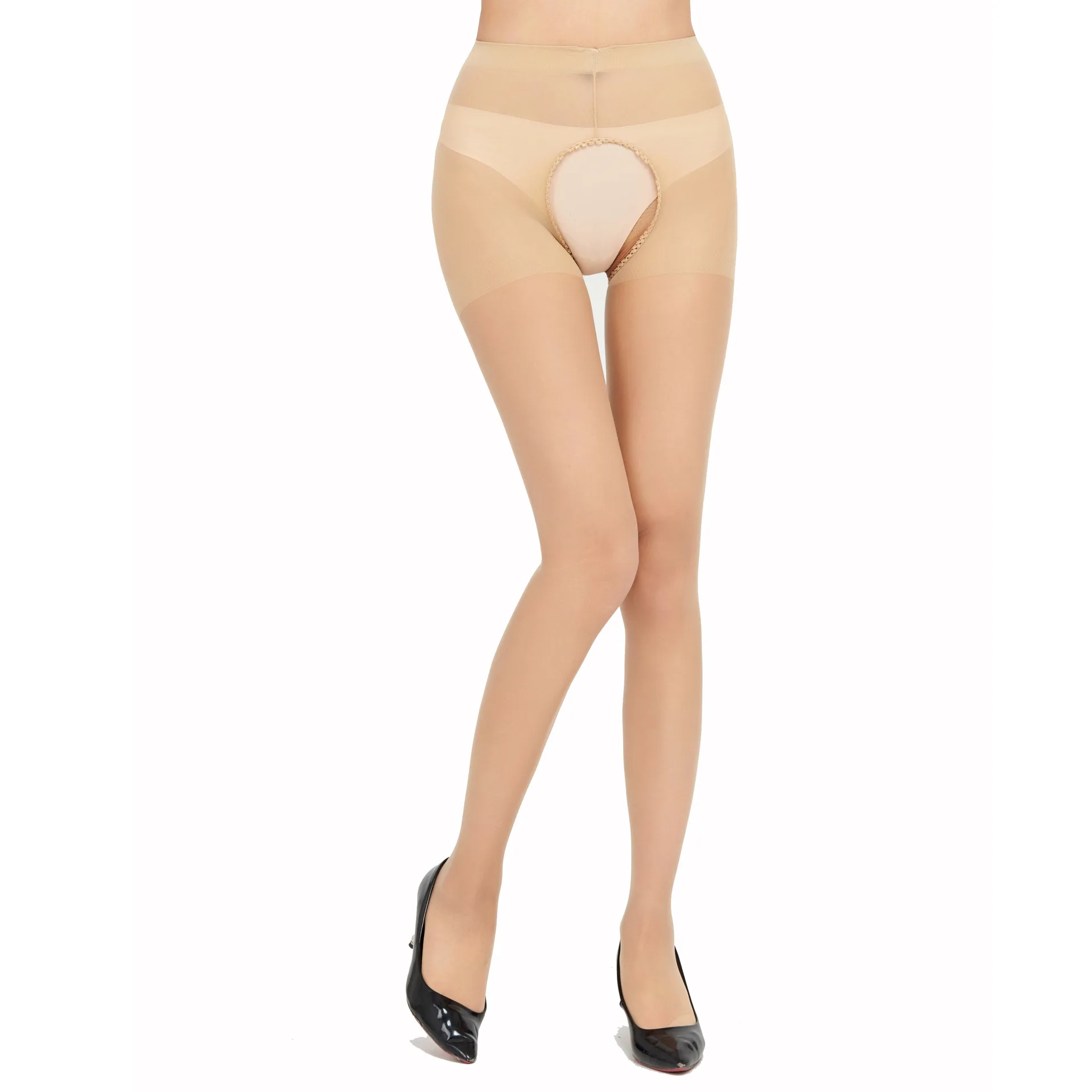 Cheap wholesale sexy crotchless stockings open crotch shiny sheer pantyhose for women