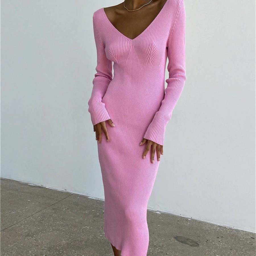 Winter Knit Rib Wrap Midi Pencil Dress for Women Casual Simple Style Long Sleeve V-Neck