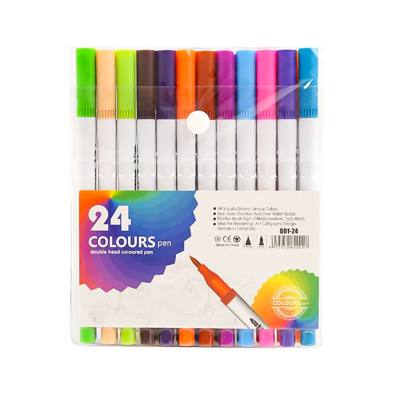 24 Colors Dual Tip Watercolor Brush Pen Water Based Marker Art Marker Pen Set With Fineliner For Arts