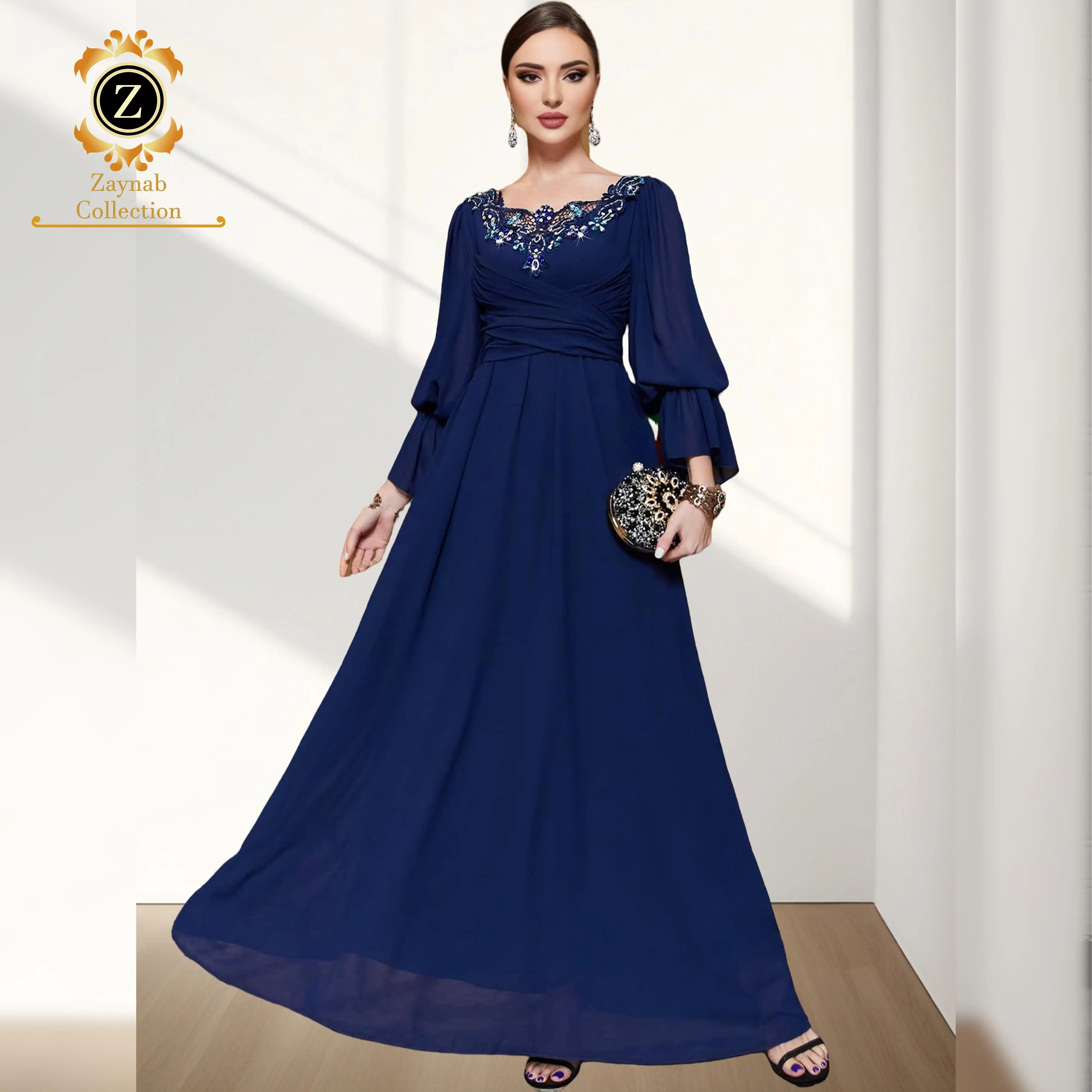 Zaynab Women Muslim Dress Dubai Kaftan Abaya Printed Fabric Women  Dress Turkey Dubai Gold Embroidered Velvet Elegant Abaya