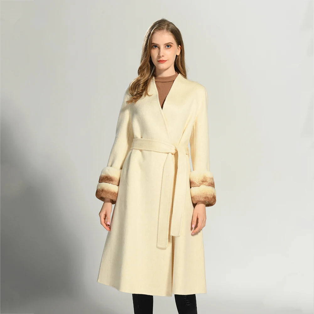 Soft Winter Belted Handmade Double Faced Cashmere Trench Coat Luxury Real Rabbit Fur Cuffs Withe Cashmere Long Coat for Women