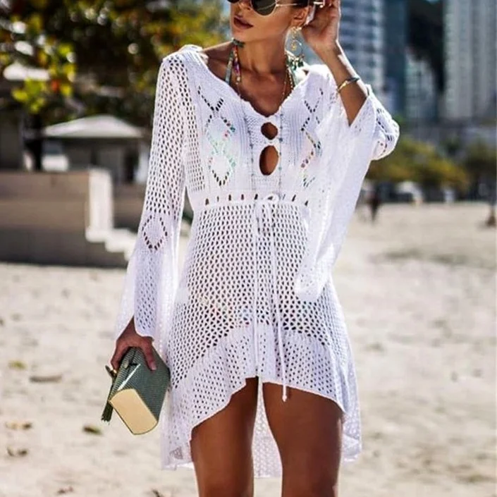 Summer Beachwear Ladies Casual Flare Sleeve Mini Dress Women Sexy Bikini Swimsuit Beach Wear Cover Up Knitted Beach Dress
