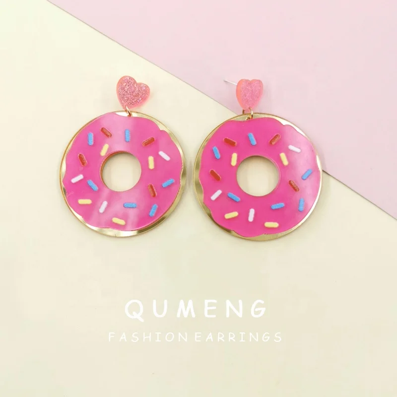 Quality Glitter Heart Hot Pink Donut Mirror Acrylic Drop Earrings Cute Rainbow Girls Jewelry Gift