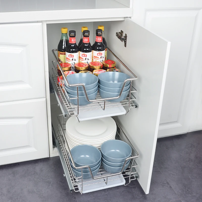 Kitchen Organizer Cabinet Pull Out Drawer Stainless Steel Storage Rack Systems Chrome Drawer Wire Basket