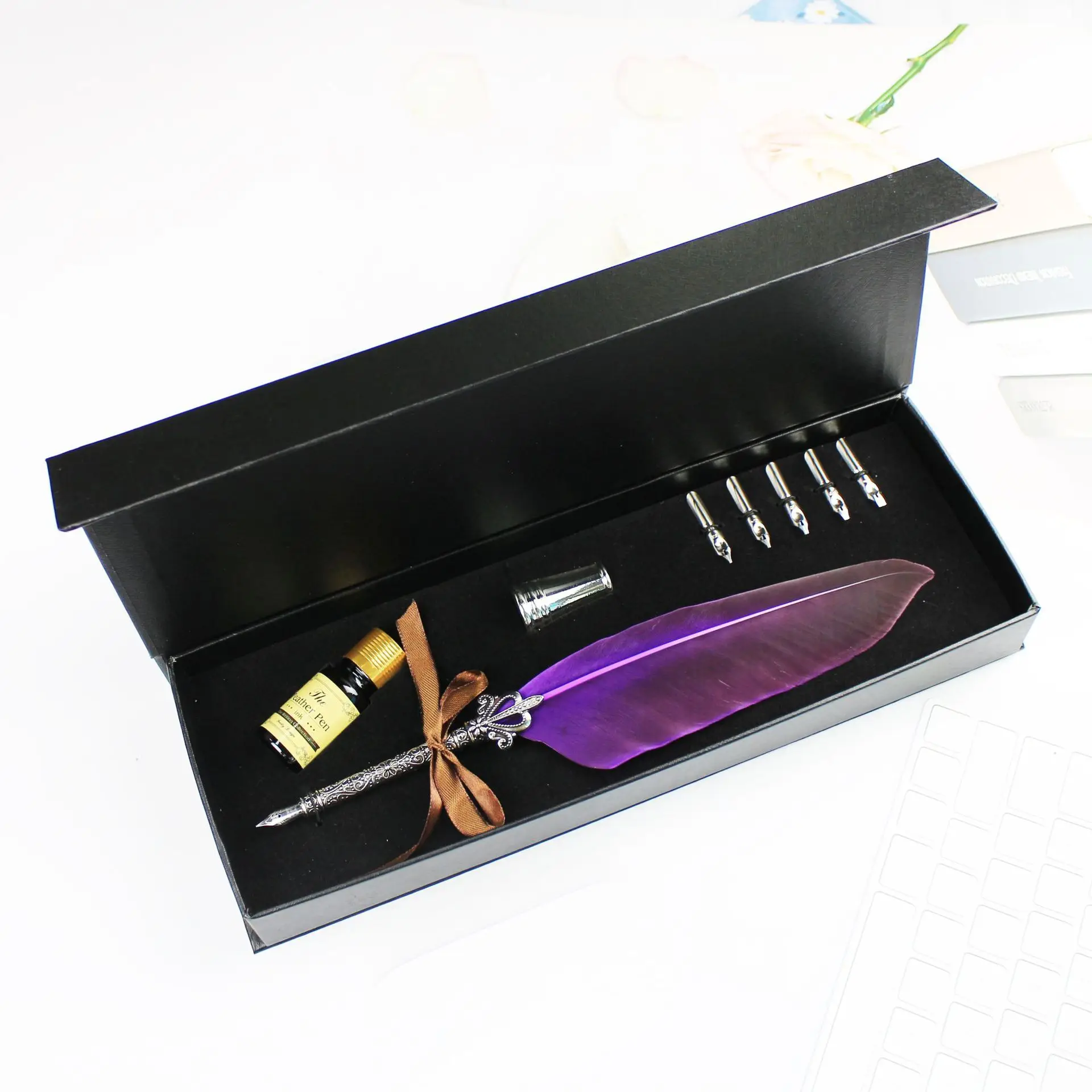 Mechanical Style Feather Pen Set Metal Nibs Fountain Pen With Ink 5 Replacement Nibs Set Calligraphy Writing Dip Pen For Gift