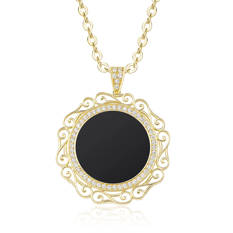 Brilliant Real 14K Solid Gold Pendant CZ Stones Halo Cubic Zirconia Black Onyx Circle necklace with 925 Silver Link Chain