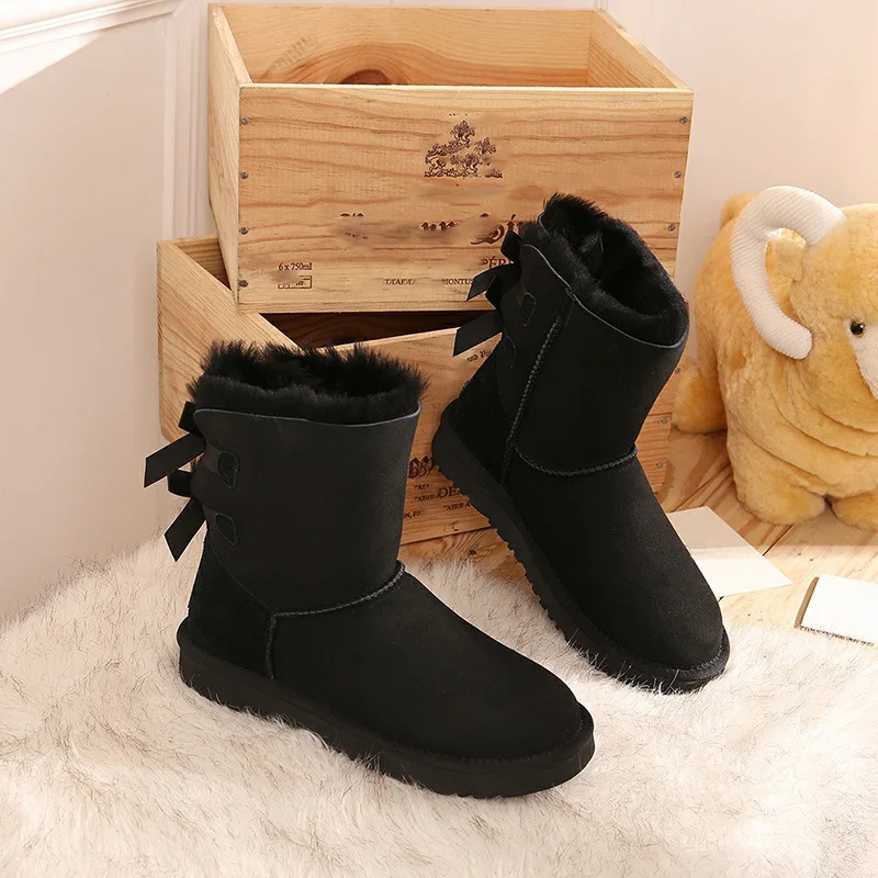 Wholesale Casual Waterproof Bowknot Fur Soft Genuine Leather Custom Platform Shoes Double Bow Snow Ladies Winter Boots for women