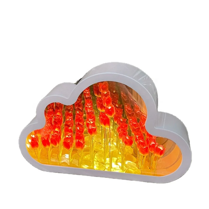 Handmade Cloud Tulip LED Night Light Ornaments Creative Photo Frame Mirror Table Lamps Bedside Handmade Birthday Gifts Bedroom