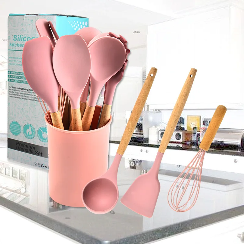 Hot Selling China Supplier European Design 12 pcs Camping Cooking Utensils Accessories with holder Silicone Kitchen Utensil Set