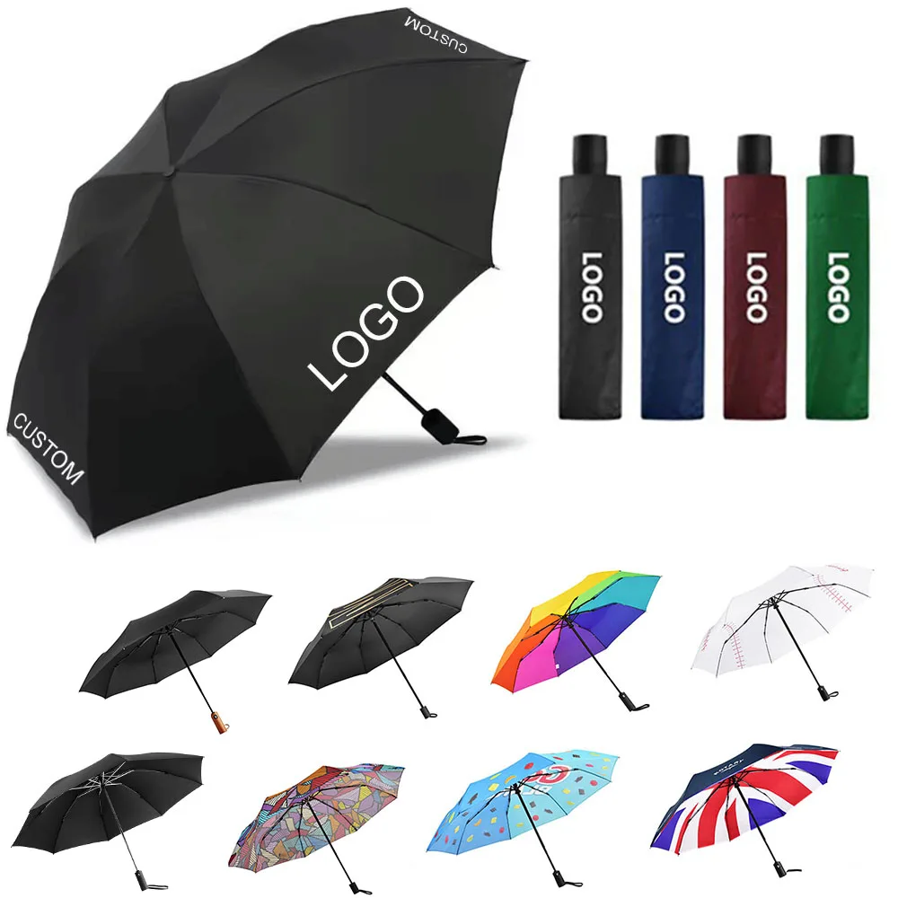 Promotional full automatic open custom 3 fold polyester pongee travel windproof folding umbrella for gift with logo vintage