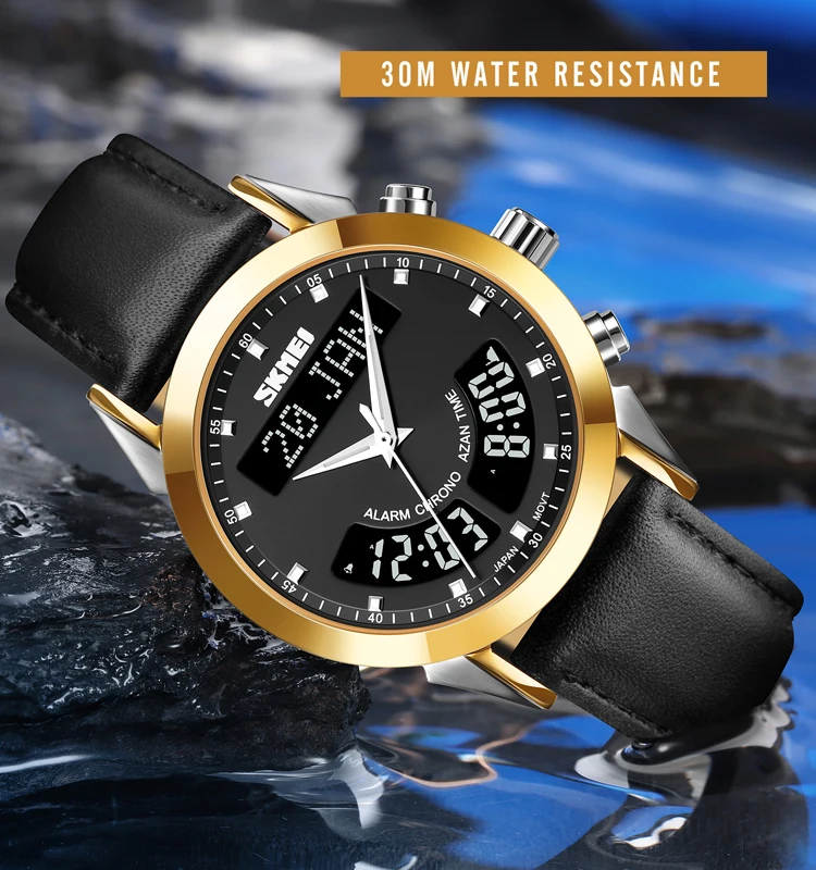 SKMEI Q036 New Arrival Men  Digital Watches Fashion Luxury Brand Watch Dual Time Stainless Steel Leather Men Wristwatch