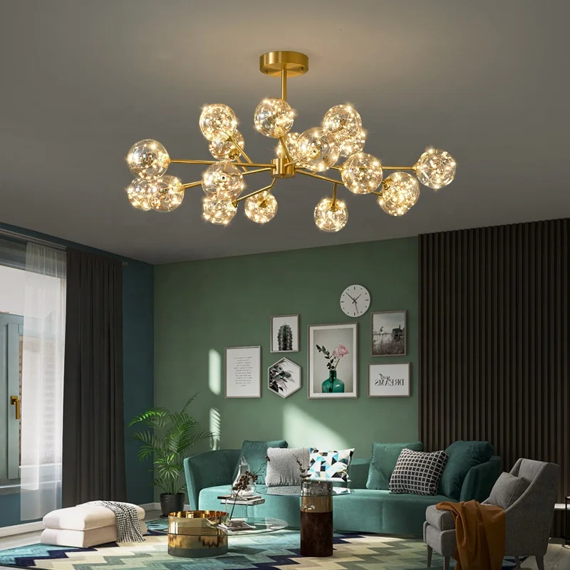  2021 hot-selling light luxury crystal living room chandelier full copper modern minimalist starry sky led molecular