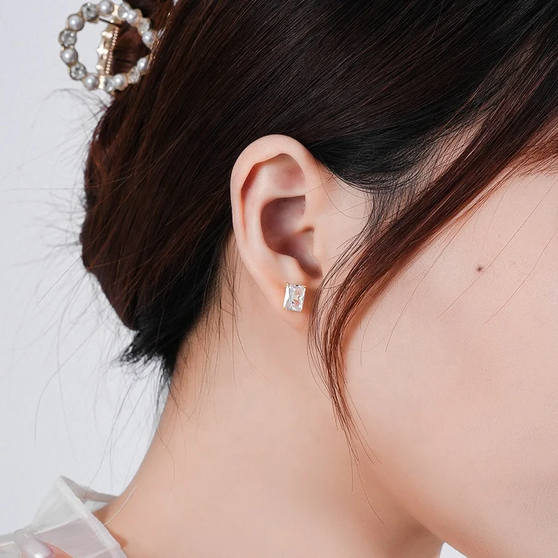Accessories Manufacturers Wholesale Jewelry Silver Geometric Rectangle Diamond Stud Earring 925 Sterling Silver Iced Out Jewelry
