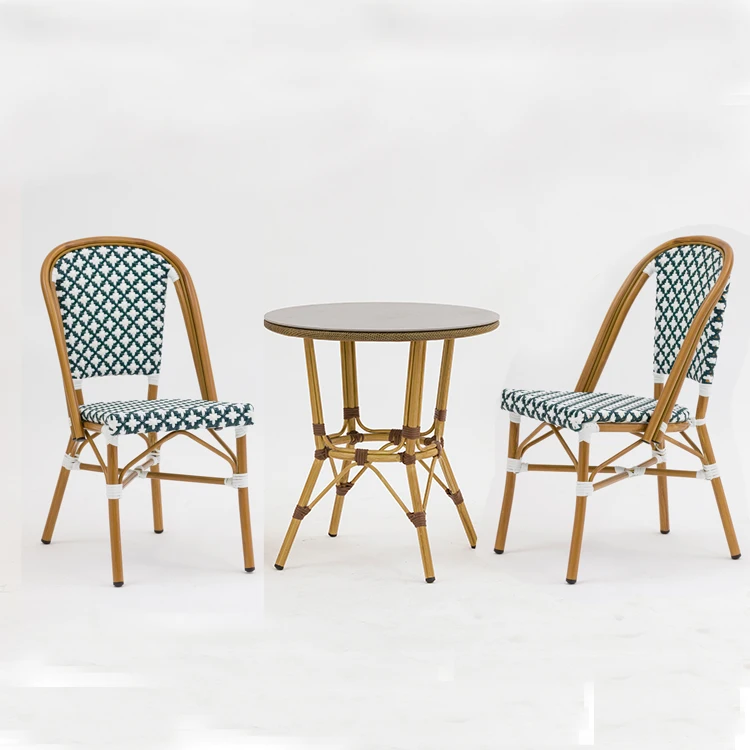 Outdoor Furniture Garden Set Wicker Rattan Weaving Bamboo Look Aluminum Stackable Dining Chair For Balcony French Cafe Bistro