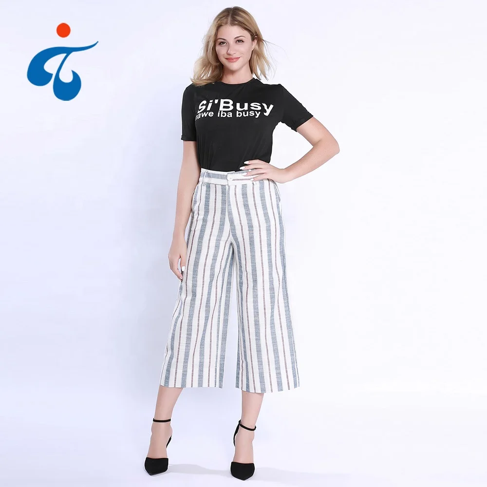 Wholesale oem striped casual cotton latest fashion wide leg trousers pants designs for women