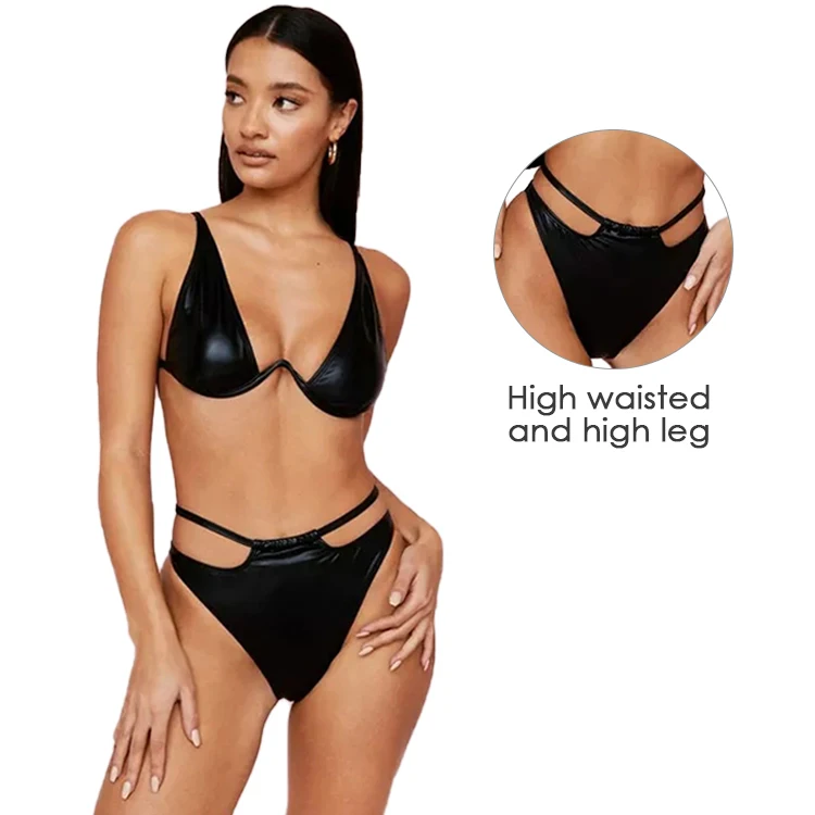 OEM newest fashion coated V neck high leg cut out 2 piece underwire shiny leather bikini for women