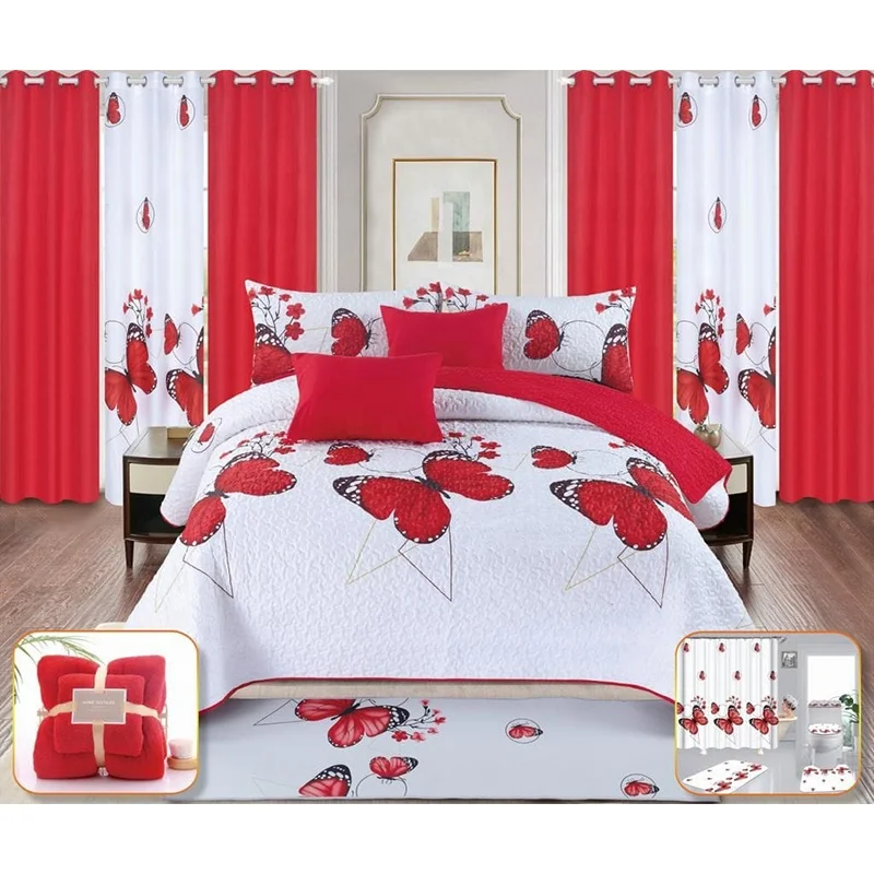 Red Flower Print Navy Blue 3d Printed Linen Blend Custom King 26PCS Polyester Curtain bedding Set
