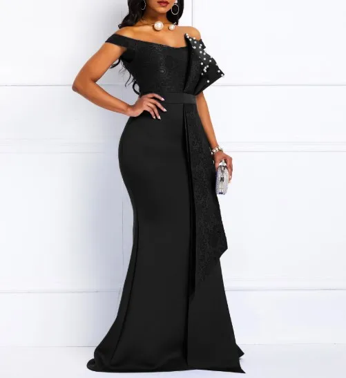 High Quality luxury sexy sleeveless big bow off-shoulder dinner gown long dress women party evening dresses
