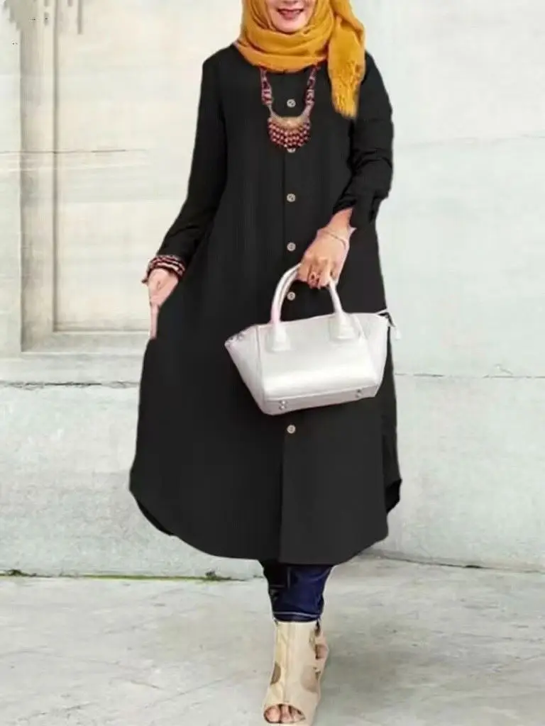 2024 Eid New Arrival Muslim Dubai Solid Color Wooden Button Cuffs Bowknot Long Shirt Dress Casual Women Abaya Shirt Dresses