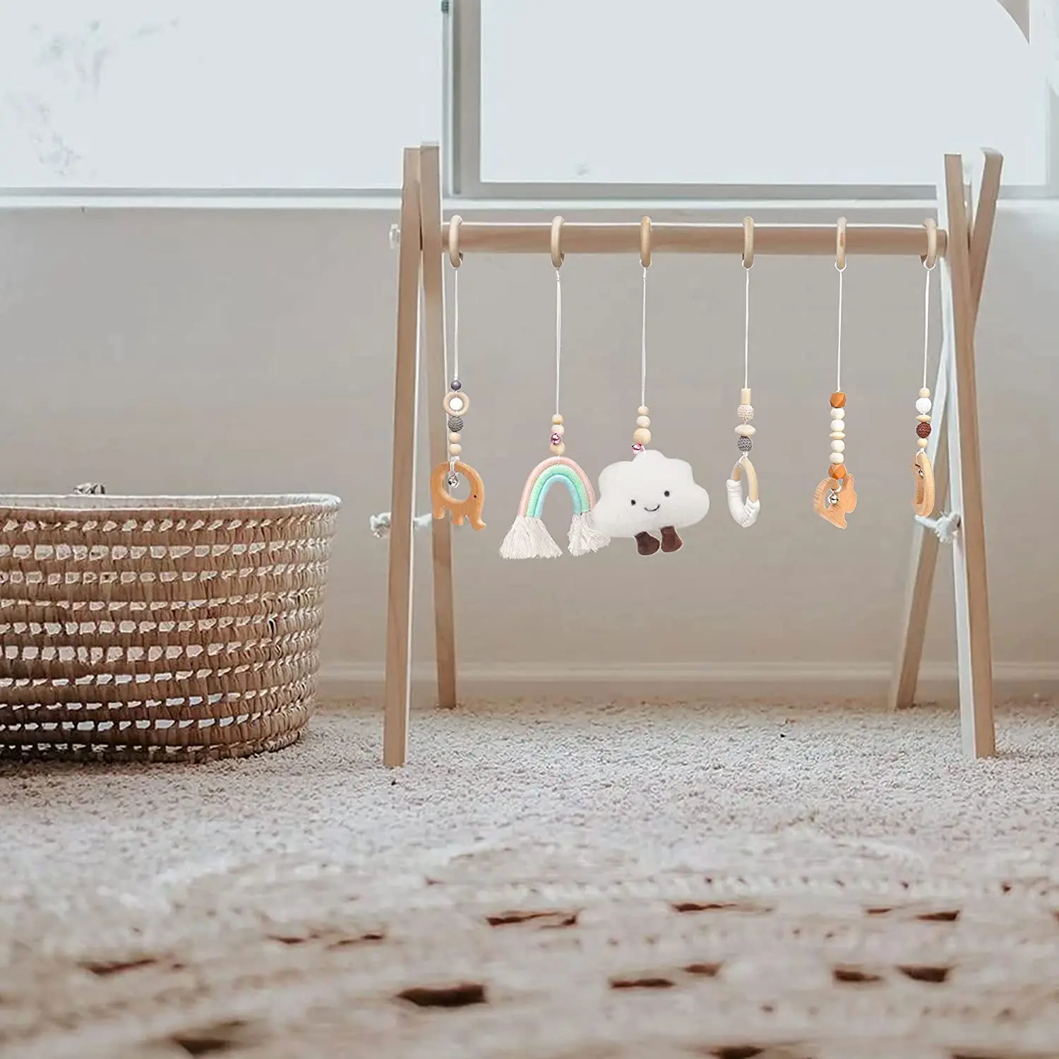 Wood Play Gym Baby Montessori Gym with Teething Toys Foldable Frame Activity Play Mat With Hanging Crochet Dolls Beech Play Gym