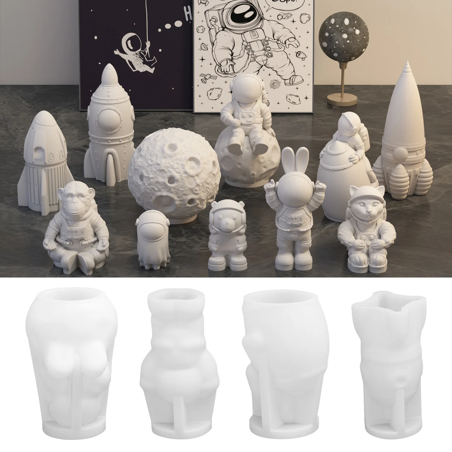 Cartoon Designs Lunar Astronaut Drip Mold Aromatherapy Gypsum Soap Cake Candle Table Decoration Silicone Mold