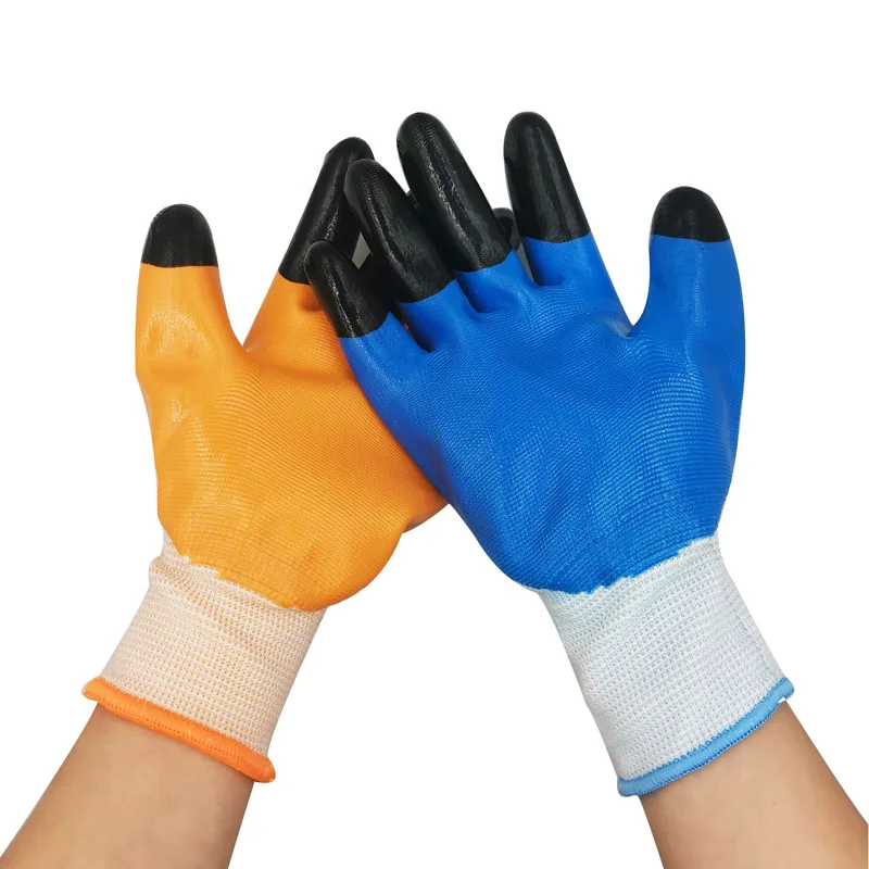 High Quality Polyester Dipped Double Finger Dipped Construction 13G Nylon Orange Nitrile Half Coated Garden Work Gloves