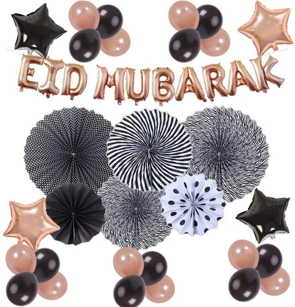 Umiss Muslim Balloon Eid Mubarak Decoration Aluminum Foil Paper Fan Rose Gold Balloon Set Eid Mubarak Decorations Supplies