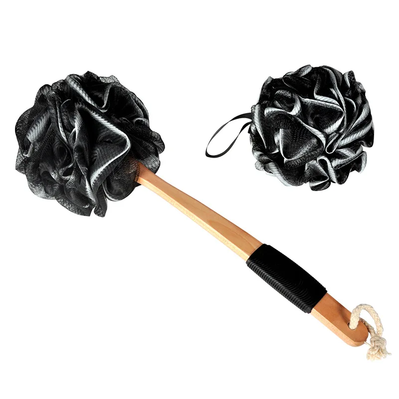 Long Wooden Handle Bath Loofah Sponge Brush Black Charcoal Shower Luffa Pouf Ball PE Mesh Body Exfoliating Scrubber Sets