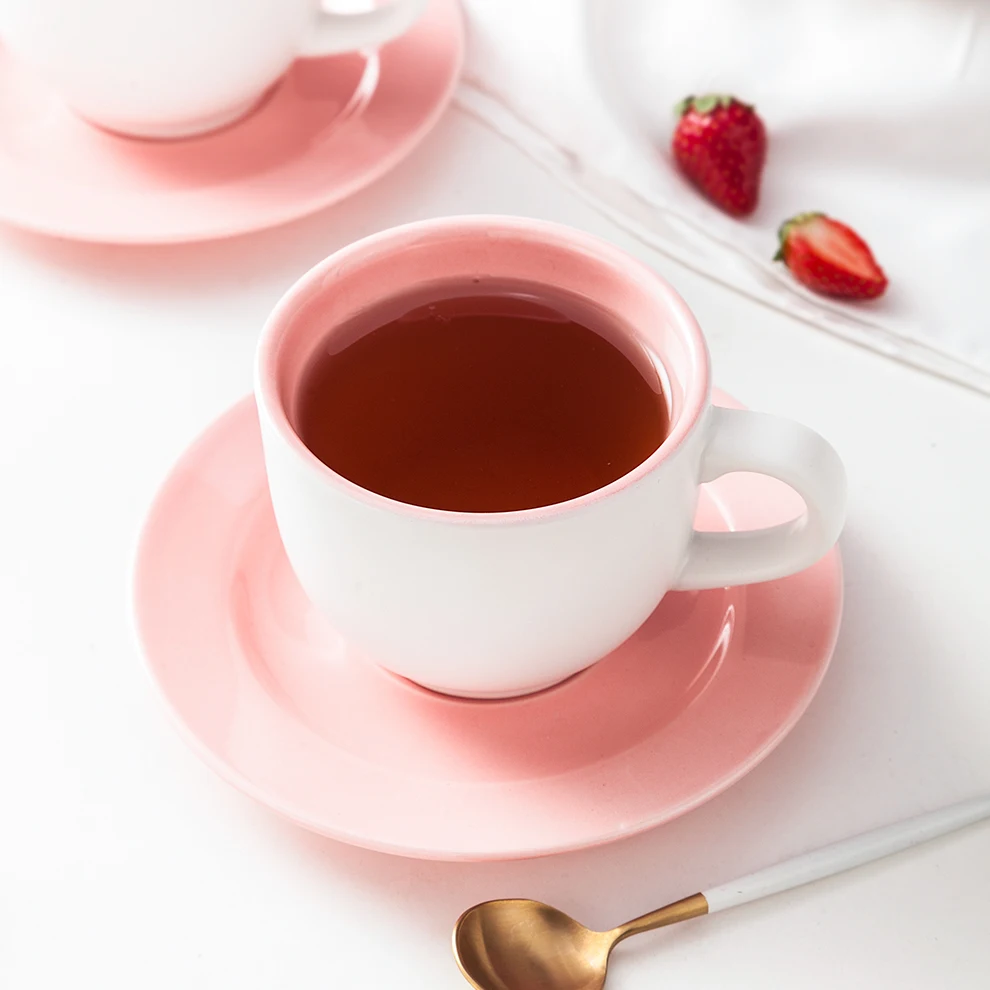 Shengjing Cheap Pink 220ml Coffee Cup Sets Glossy Ceramic Drinkware For Coffee Shop Chinese Teaware