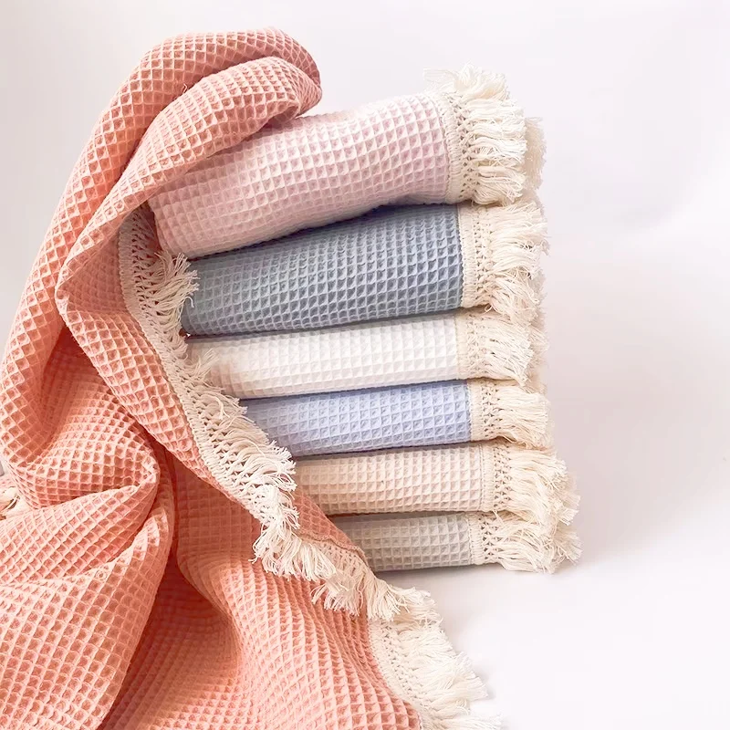 Cheap Baby Cotton Weave Blanket Solid Woven Waffle Baby Throw Blanket With Tassel Baby Bath Towel