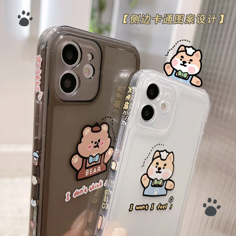 Side cartoon pattern lens protection phone case for iPhone 15 14 plus 13 pro max 12 11 X Creative bear Antishock TPU Square Edge