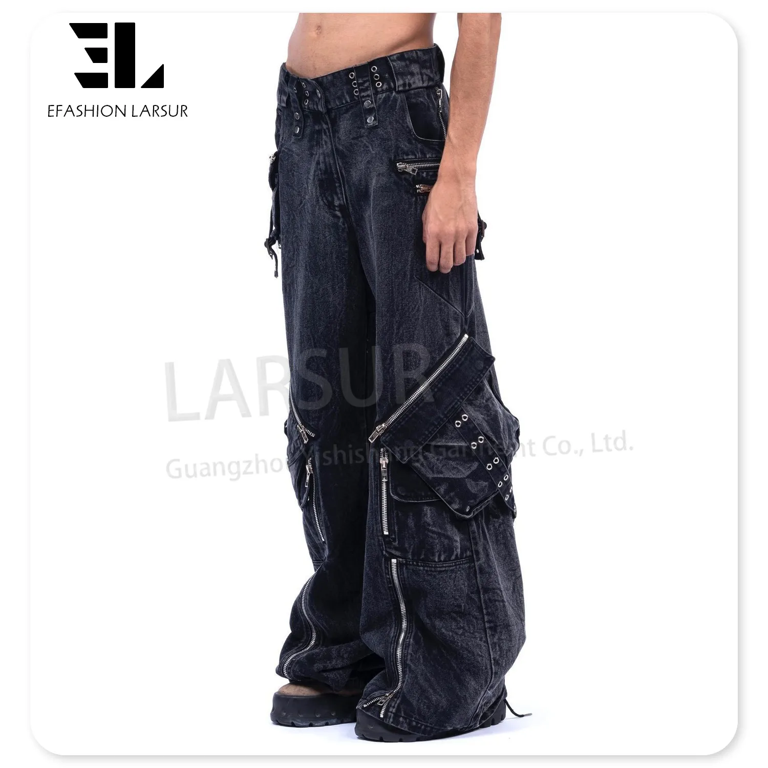 LARSUR Custom denim factory stone washed heavy cargo jeans men with multi pocket baggy wide distress flare cargo denim pants