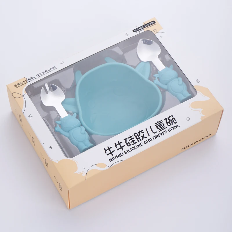 BPA Free Safety Cow Shape Trending Baby Eating Plate Fork and Spoon Bowl Baby Supplies Products Silicone Feeding Set