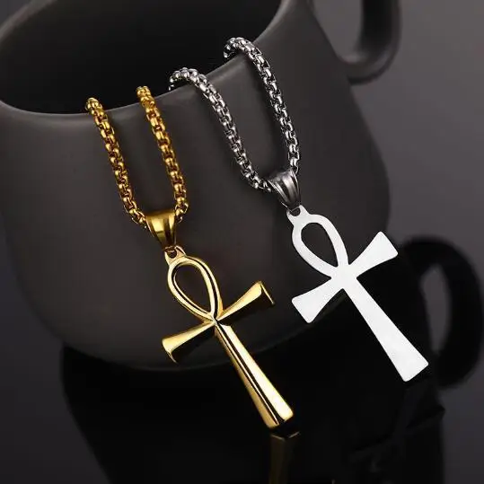 Luxury Religious Ankh Cross Pendant Necklace Fashion Womens Egyptian Mens Jewelry Stainless Steel Amulet Pendant Chain Gift