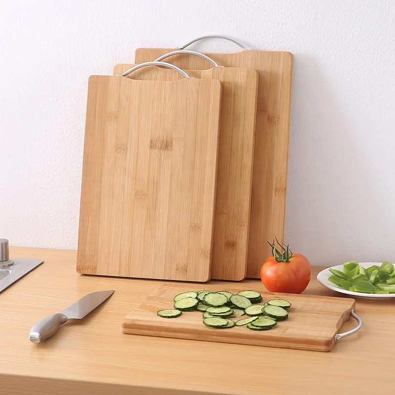 JOYWAVE Hot Selling Knife Friendly Serving Tray Kitchen Chopping Blocks Natural Bamboo Cutting Board with Metal Handle
