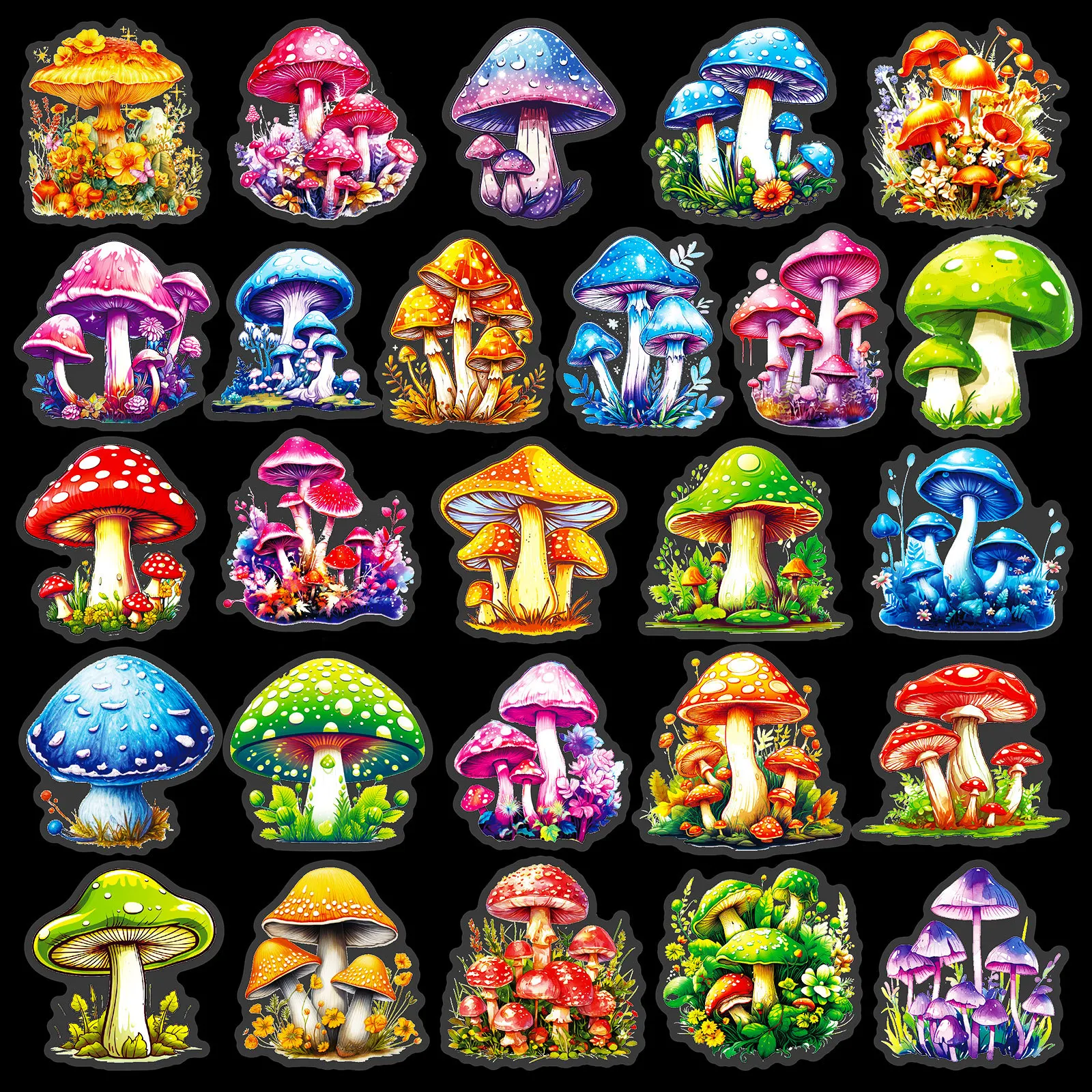 50 Pcs various mushroom PET stickers creative mushroom themed tent decoration stickers waterproof retro plant mushroom stickers
