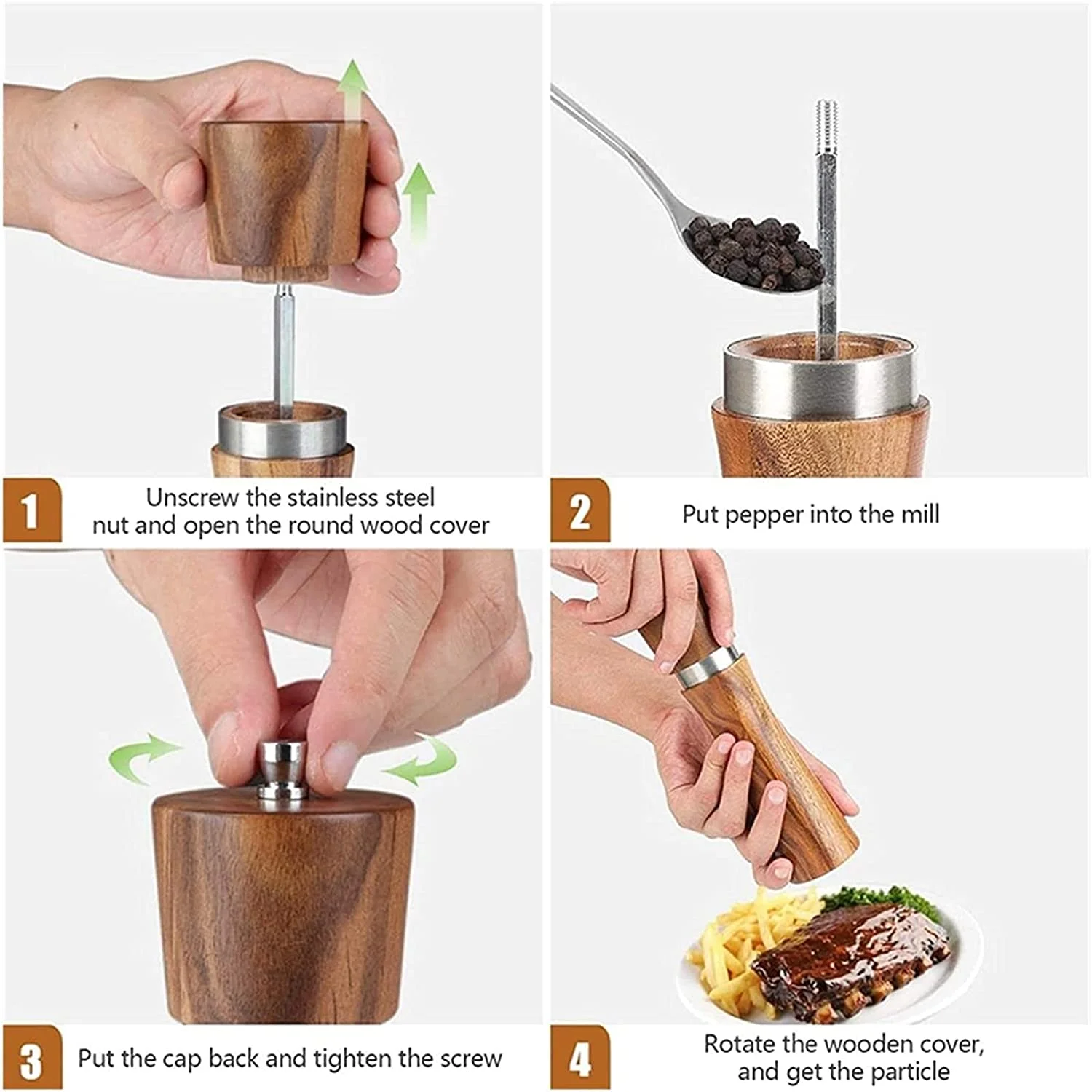 Adjustable Coarseness and Refillable Manual Acacia Pepper Mill Slim Wooden Salt and Pepper Grinder Set