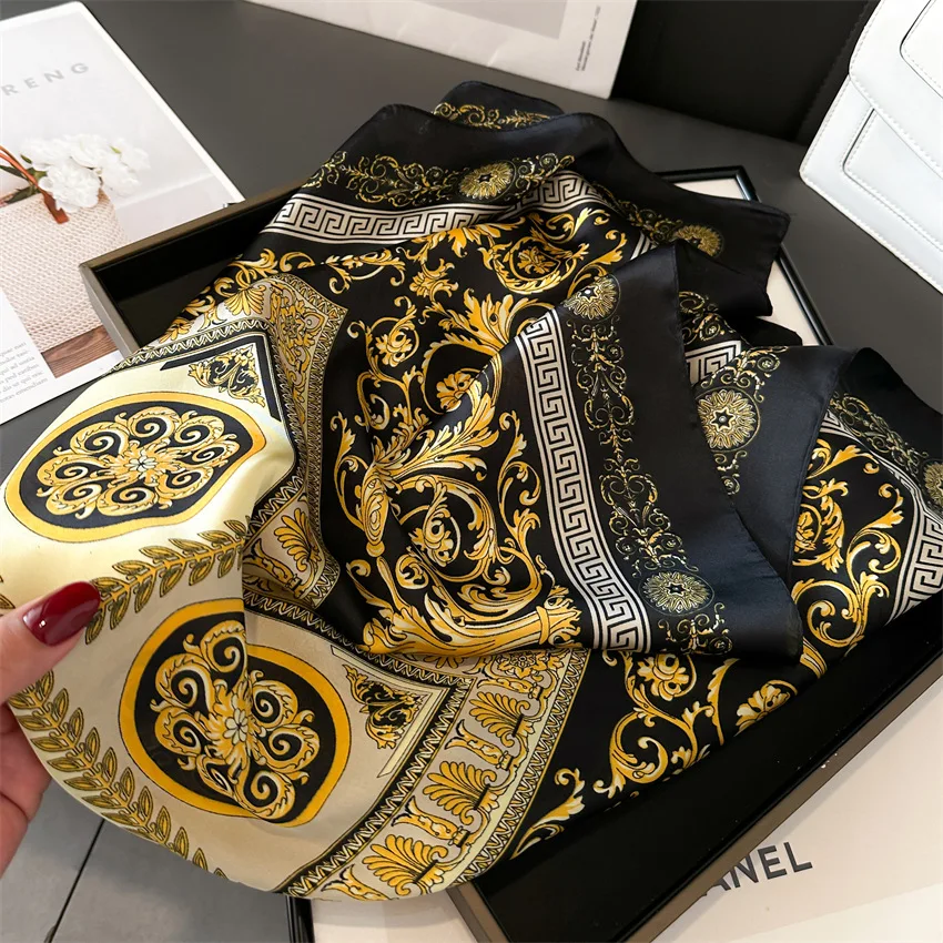 Factory OEM ODM 70x70cm Square Neck Scarf Head Hairband Kerchief Wonderful Letter Printed Imitated Silk Scarves for Women