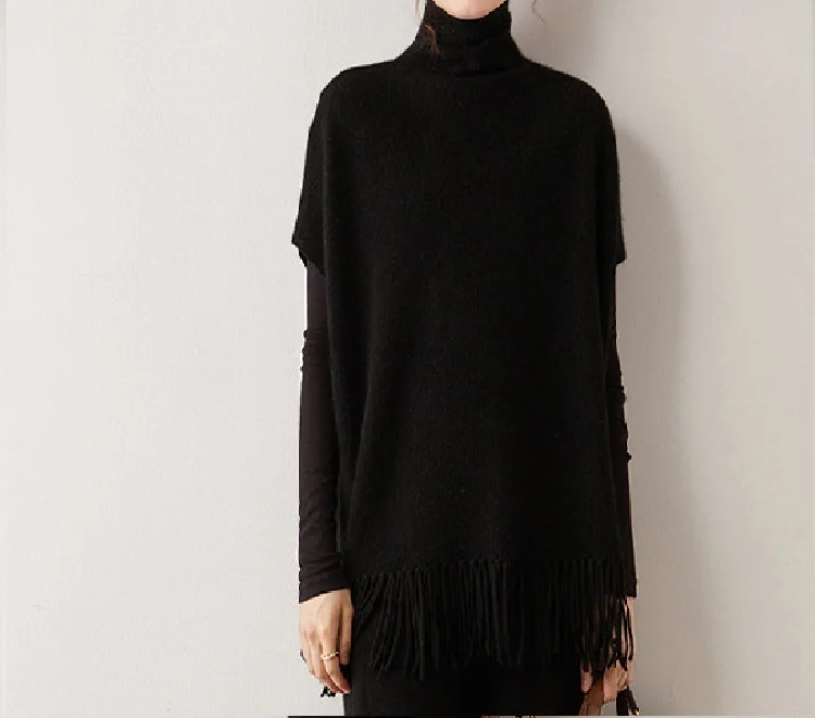 Custom Autumn Winter New Cashmere Sweater Women Half High Neck Warm Vest Cloak Fringe Sleeveless Knitted Thick Outside