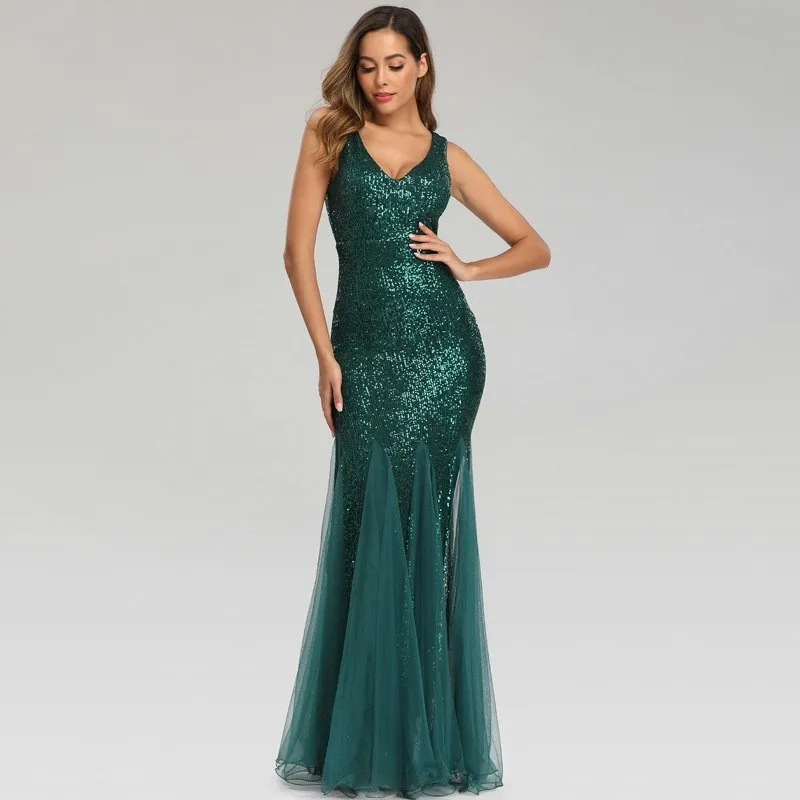 YQY90813 High Quality Stretch Sequin Mesh Mermaid Evening Gown Dress Elegant Bridesmaid Dresses Sleeveless Party Dress For Girl