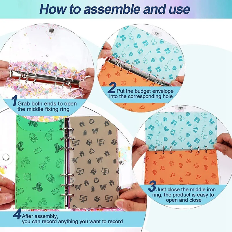 Joytop Custom Logo Clear Pvc 6 Ring Glitter Sequins Binder A6 Cash Envelope Budget System Binder