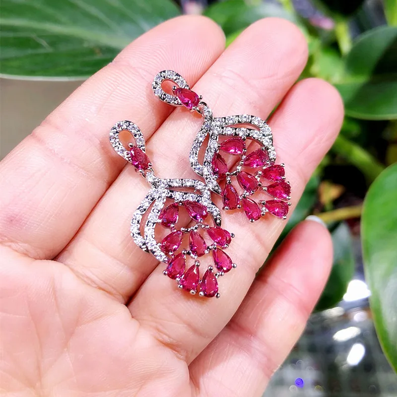 big crystal rose red color chandelier earrings ladies gift high quality hot sale wedding zircon earring